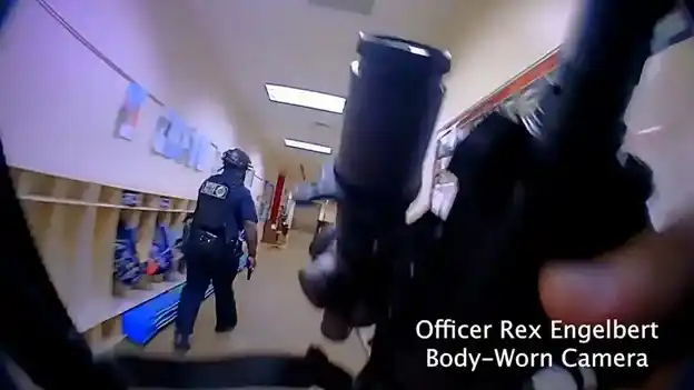 Police body camera video shows officers responding to the deadly shooting at Covenant School in Nashville. Credit: Metropolitan Nashville Police Department, via Reuters.